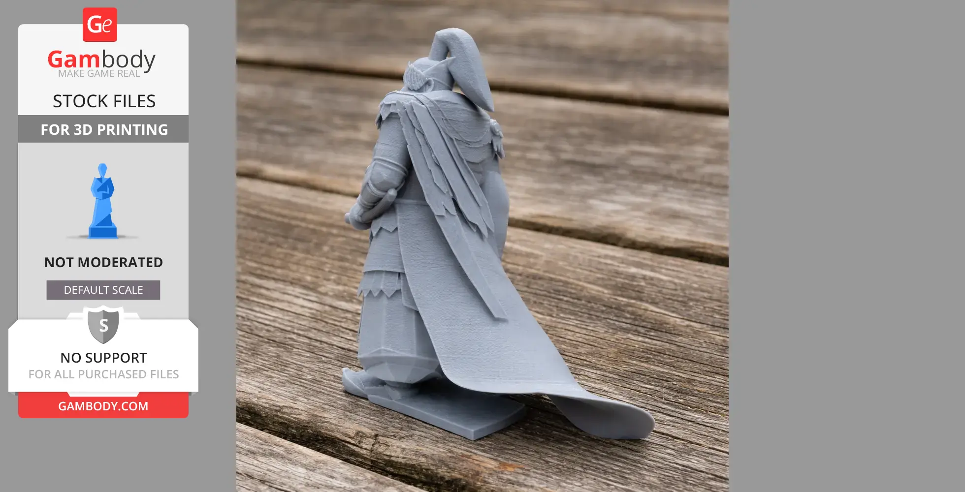 Samurai warrior figure in armor and cape, holding a sword, on a wooden surface.