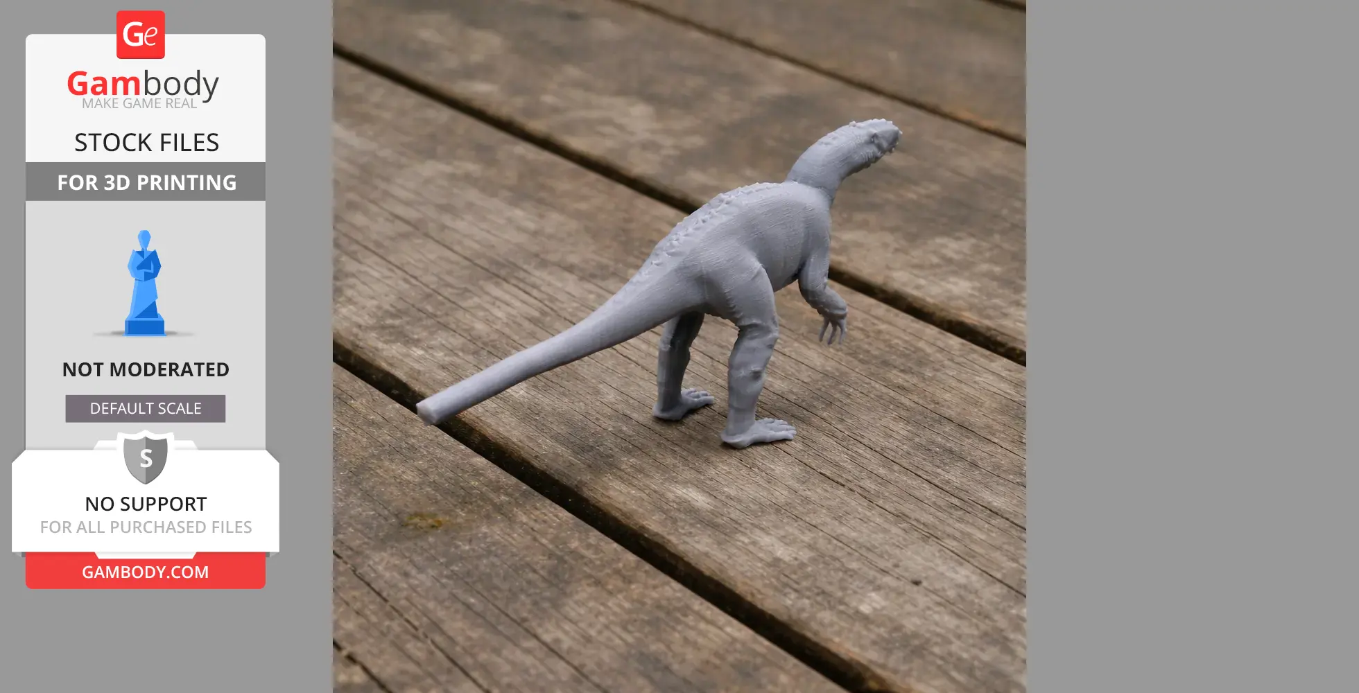 A 3D-printed model of a Pantydraco dinosaur standing on a wooden surface.
