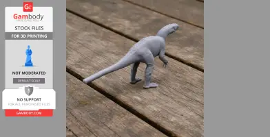 A 3D-printed model of a Pantydraco dinosaur standing on a wooden surface.