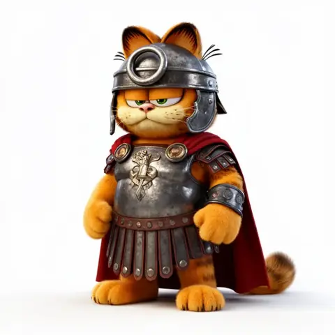 Orange cartoon cat in Roman armor with a helmet and red cape, standing confidently.