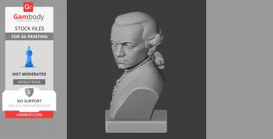 Bust of a historical figure with tied-back hair, in 18th-century attire, on a rectangular base.