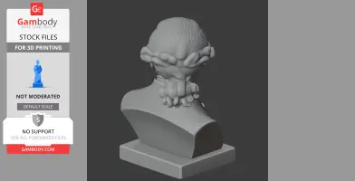 3D print model of a bust with detailed wavy hair and tied curls, viewed from the back, on a square base.