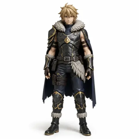 A detailed fantasy figurine of a warrior with armor, fur trim, and a cape, designed for 3D printing.