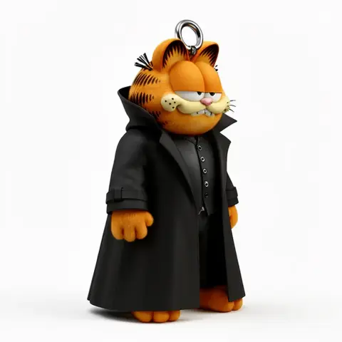 A cartoon orange cat in a black trench coat with sunglasses, styled like a keychain.