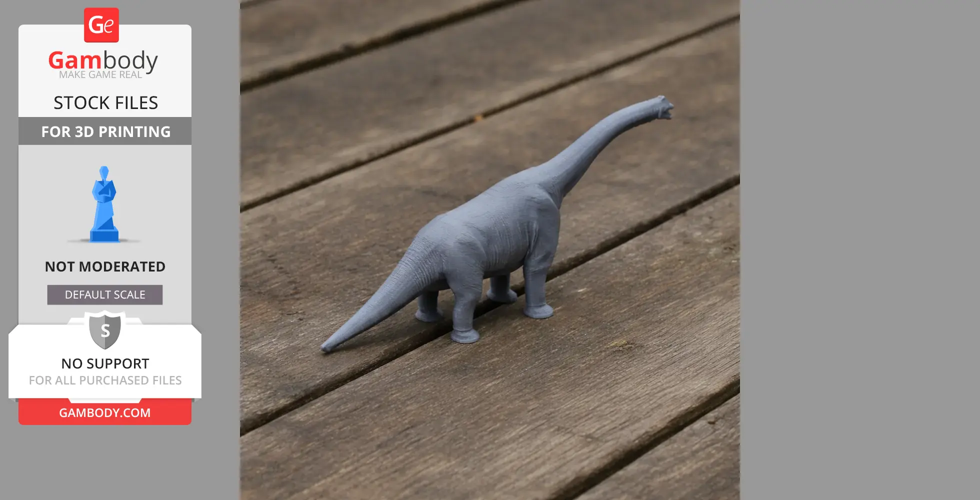 3D-printed gray Paralititan dinosaur model on a wooden surface.