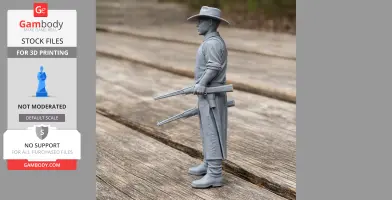 3D-printed cowboy figure with hat and guns, standing on wooden surface.