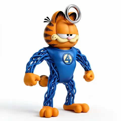 Mashup figure of Garfield as Mr. Fantastic, wearing blue suit with '4' emblem and a metal ring on head.