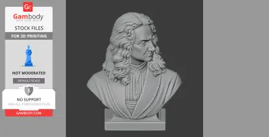 3D printable bust of Isaac Newton with long hair and detailed clothing on a pedestal.