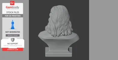 Rear view of a 3D-printed bust featuring long, wavy hair on a rectangular base.