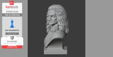 3D model of Isaac Newton's bust with long hair, detailed facial features, and a historical attire.