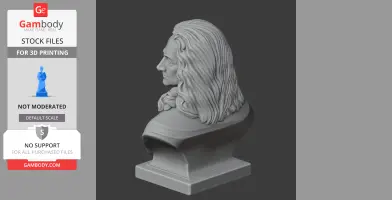 Bust of a historical figure with long hair, designed for 3D printing.