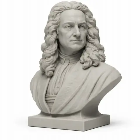 Bust of Isaac Newton with flowing hair and historical attire, designed for 3D printing.
