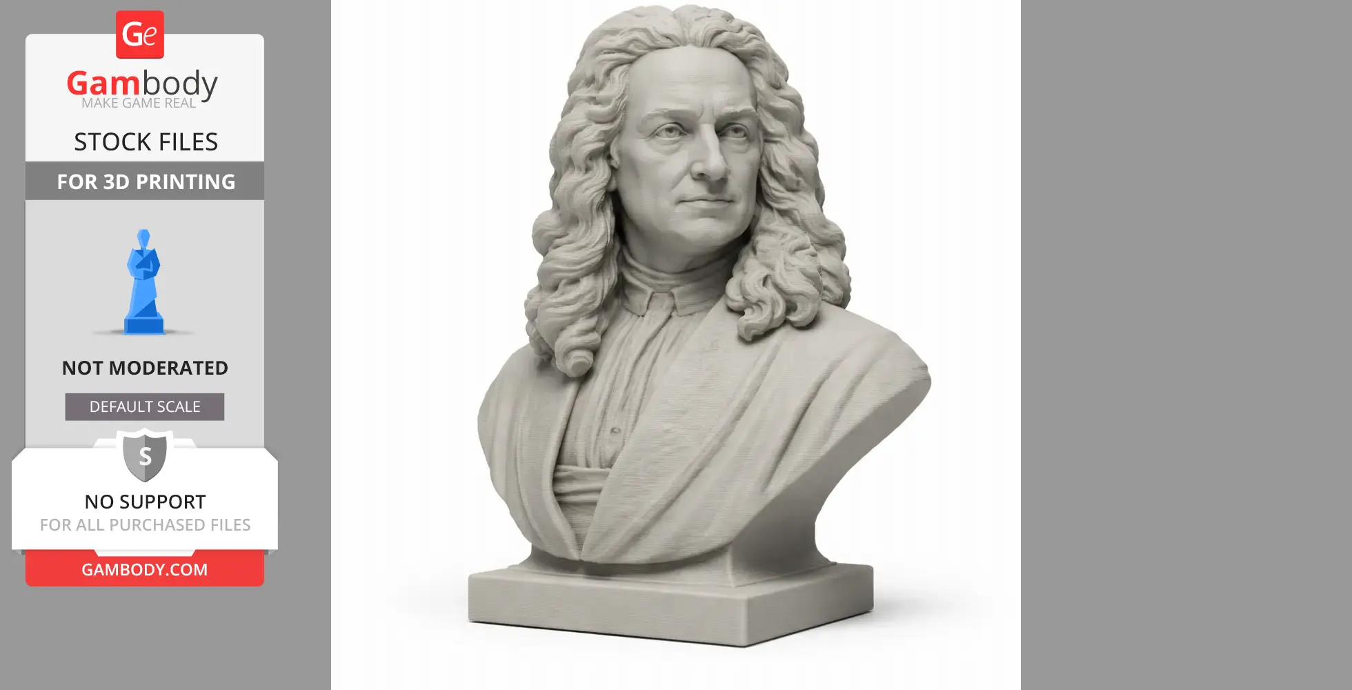 A detailed 3D bust of a historical man with long, curly hair and a formal collar, on a rectangular base.