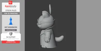 A 3D model of a cat character in a futuristic trench coat and visor, viewed from the side.