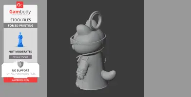 A stylized 3D figure resembling a cat wearing a long coat and a headset, with a ring on top.