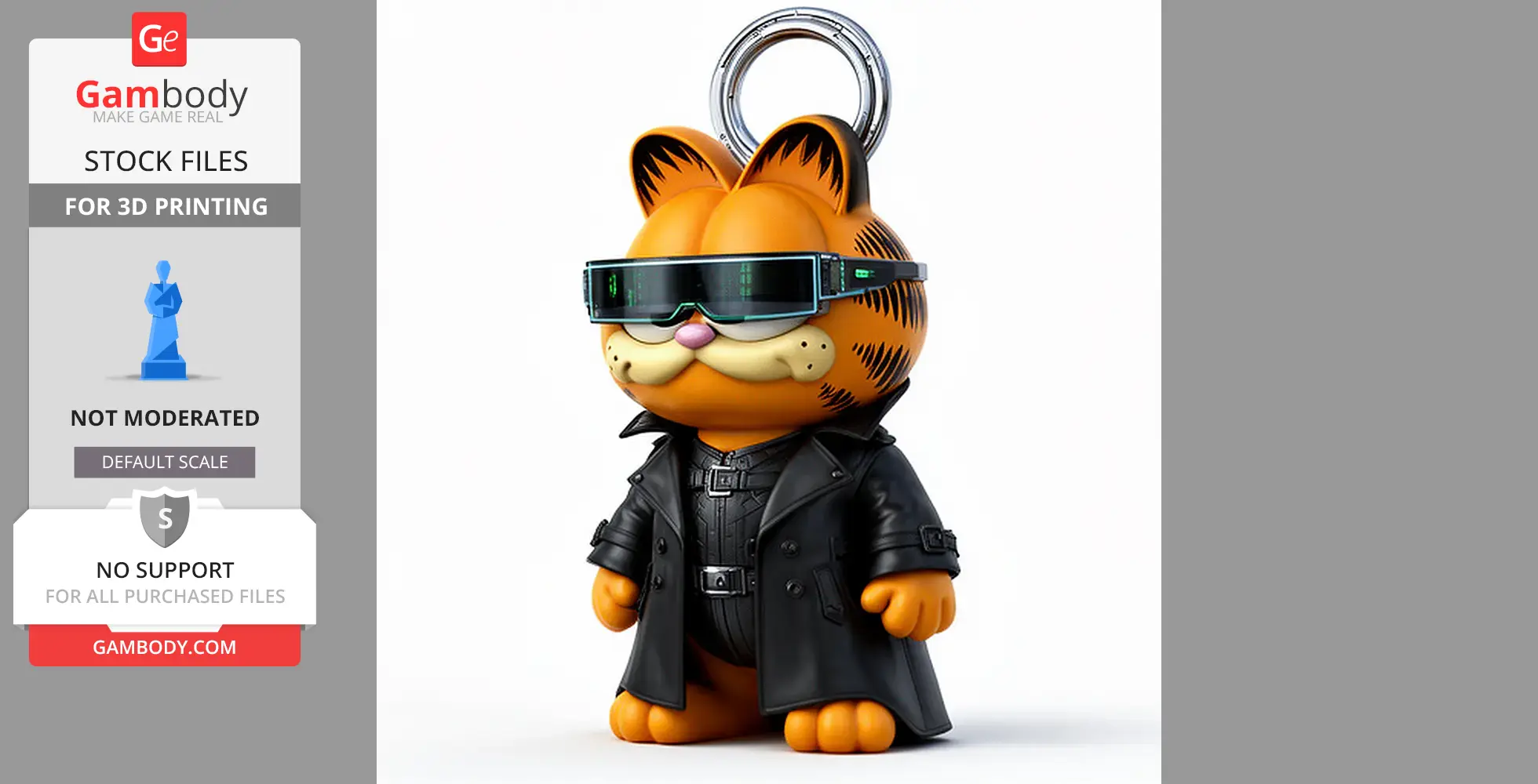 Mashup figure of a cat in a black trench coat and visor, resembling a sci-fi character, with a loop on top.