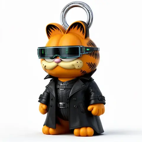 Cartoon cat in a black trench coat and sunglasses, with a ring on top, resembling a cyber-themed figure.