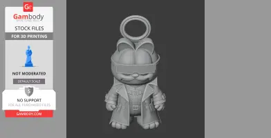 A 3D model of a stylized cat figure wearing a trench coat and visor, with a ring on its head.