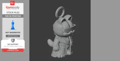 A 3D model mashup of a cartoon cat in a long coat, wearing futuristic glasses with a ring on its head.