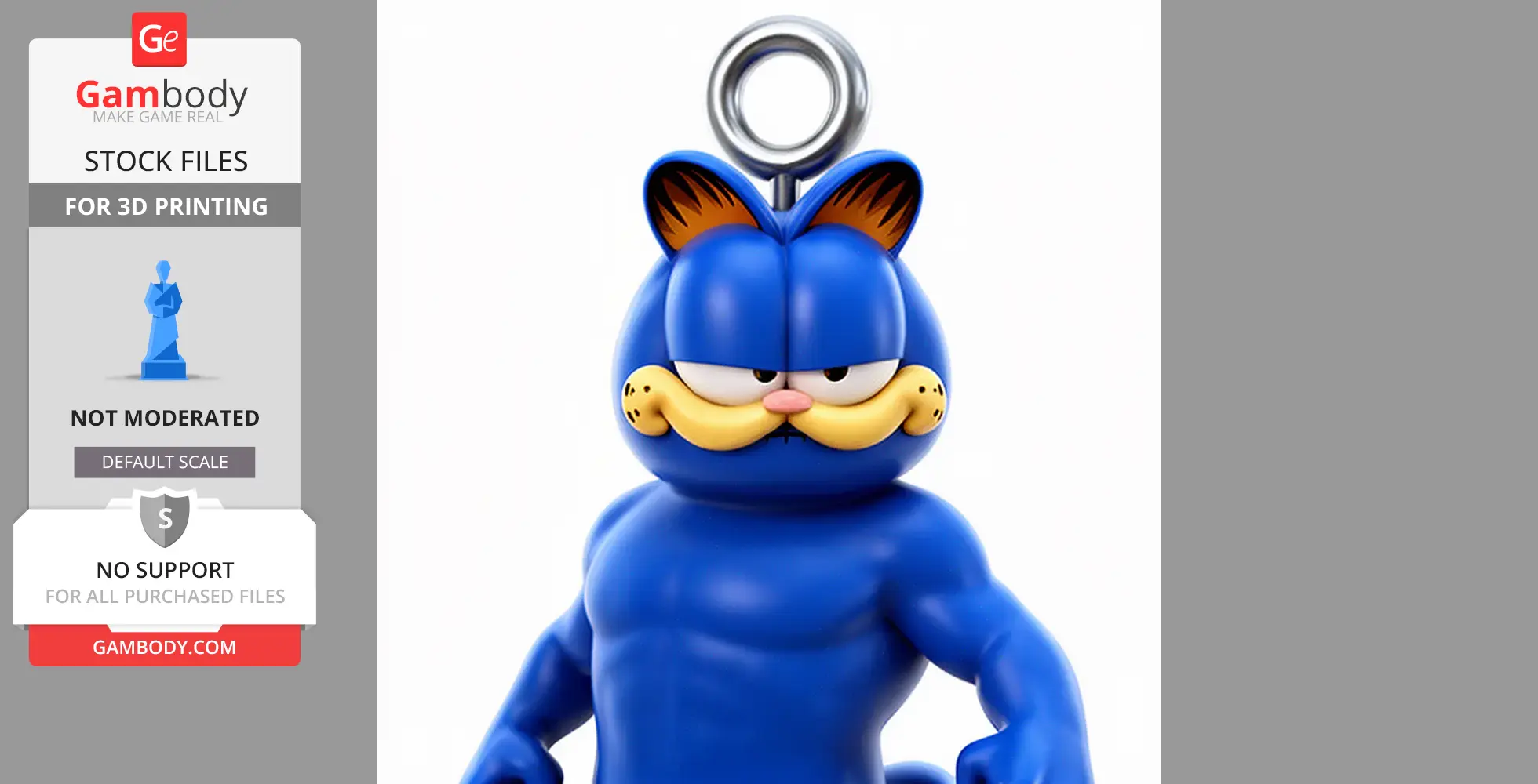 A blue, muscular character with Garfield-like features and a ring atop the head for 3D printing.