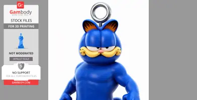 A blue, muscular character with Garfield-like features and a ring atop the head for 3D printing.