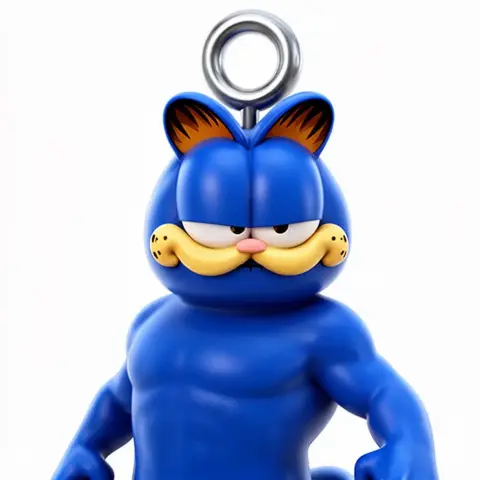 A muscular blue cartoon cat figure with a ring on its head, featuring distinctive orange ears.