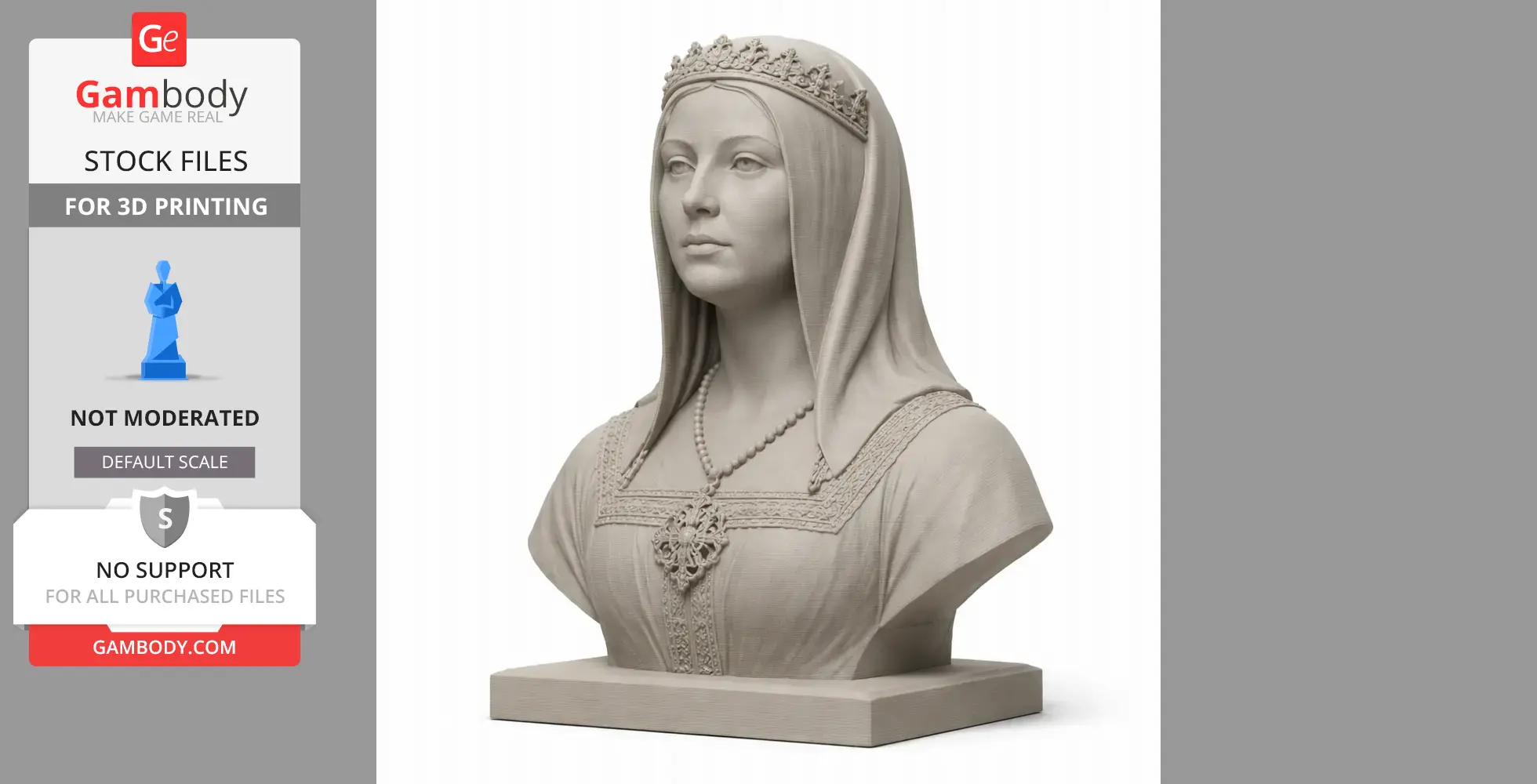 A detailed bust of a woman in historical attire with a crown and necklace, suitable for 3D printing.