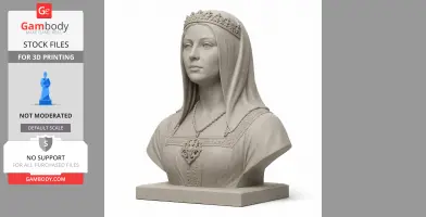A detailed bust of a woman in historical attire with a crown and necklace, suitable for 3D printing.