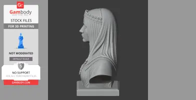 3D printed bust of Isabella I of Castile, detailed headdress and attire, profile view.