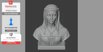 A detailed bust of a regal woman in a crown and necklace, designed for 3D printing.