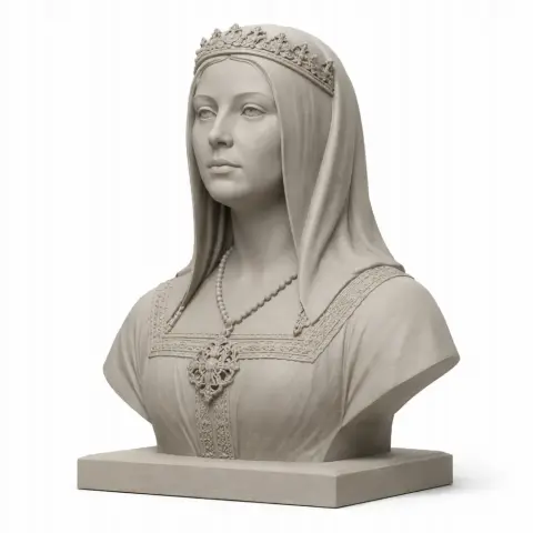 Bust of a regal woman with a crown and ornate attire, featuring a necklace and intricate detailing.