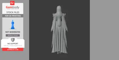A 3D model of a robed character with long hair, viewed from the back, with detailed shoulder armor.