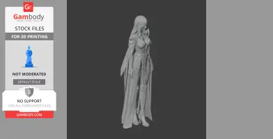A detailed 3D figurine of a female warrior in armor with a long cape, standing gracefully.