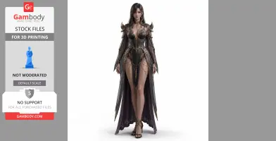 Dark-armored fantasy figure with elaborate attire and long cape. Suitable for 3D printing.