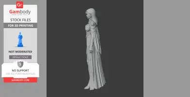 A detailed 3D figurine of a standing female character in armor with long hair and a flowing cape, side view.