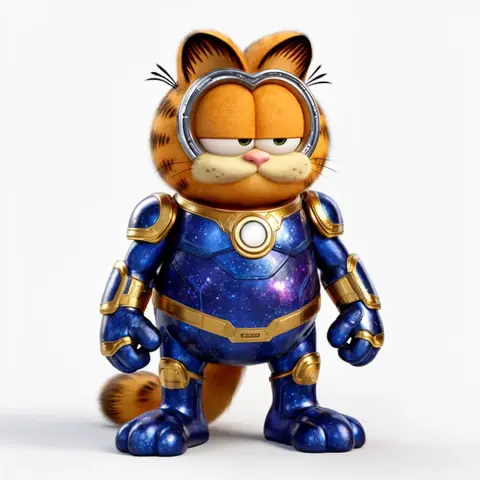 A cat wearing a cosmic-themed armored suit, standing upright with a neutral expression.