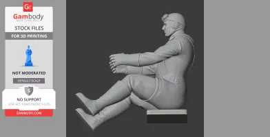 WWII pilot figure in seated position, wearing a flight suit and goggles, for 3D printing.