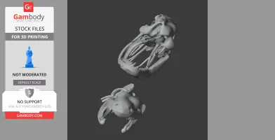 3D model of a cottonmouth snake skull, shown from two different angles for printing.