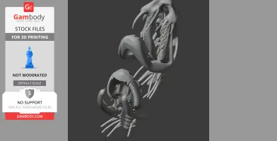 A detailed 3D model of a cottonmouth snake skull with open jaws, ready for 3D printing.