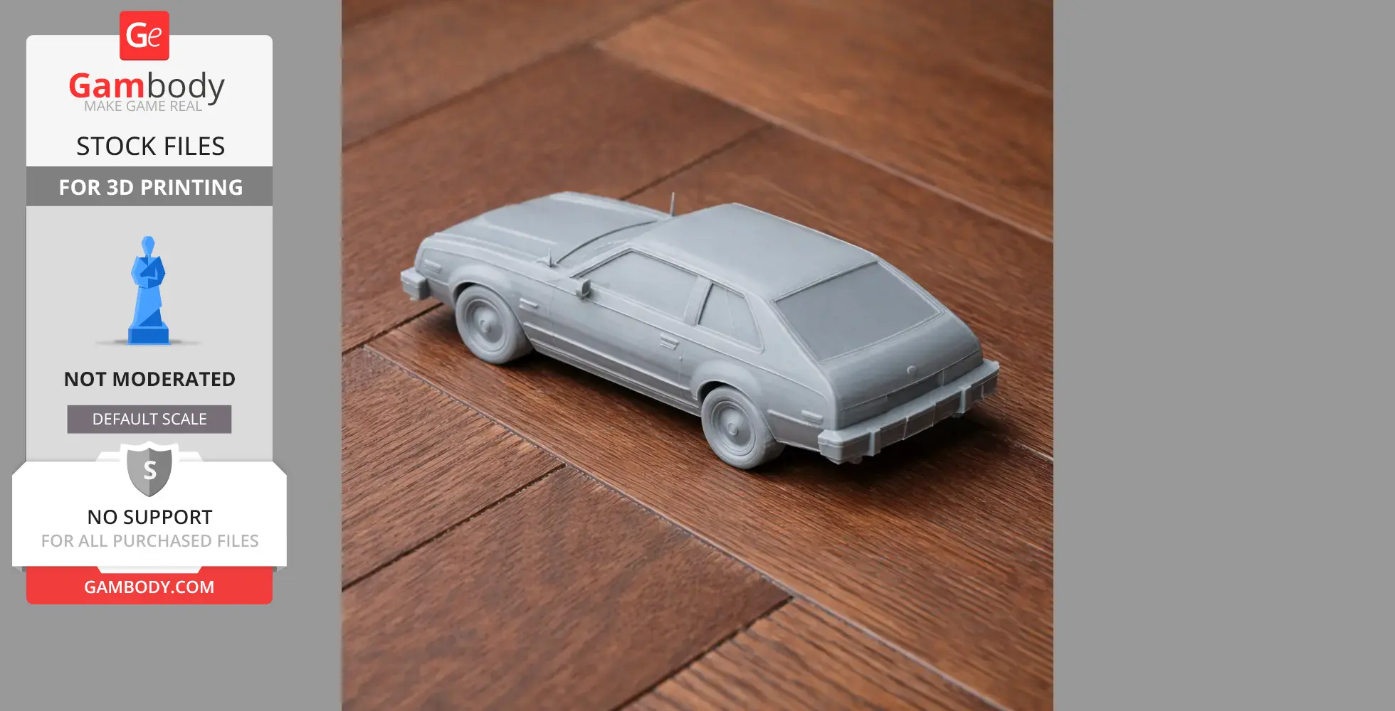 3D-printed model of an AMC Spirit vehicle on a wooden surface.