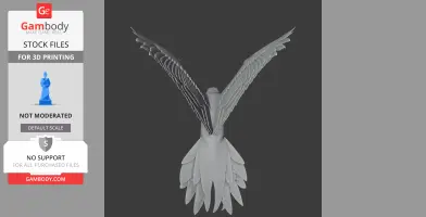 A 3D model of a parrot with outstretched wings, viewed from the back, with detailed feathers.