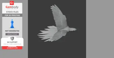 3D model of a prehistoric parrot in flight, detailed with extended wings and tail feathers.
