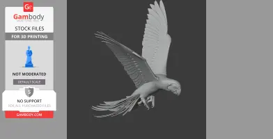 A 3D model of a parrot in flight with detailed wings and tail feathers for printing.