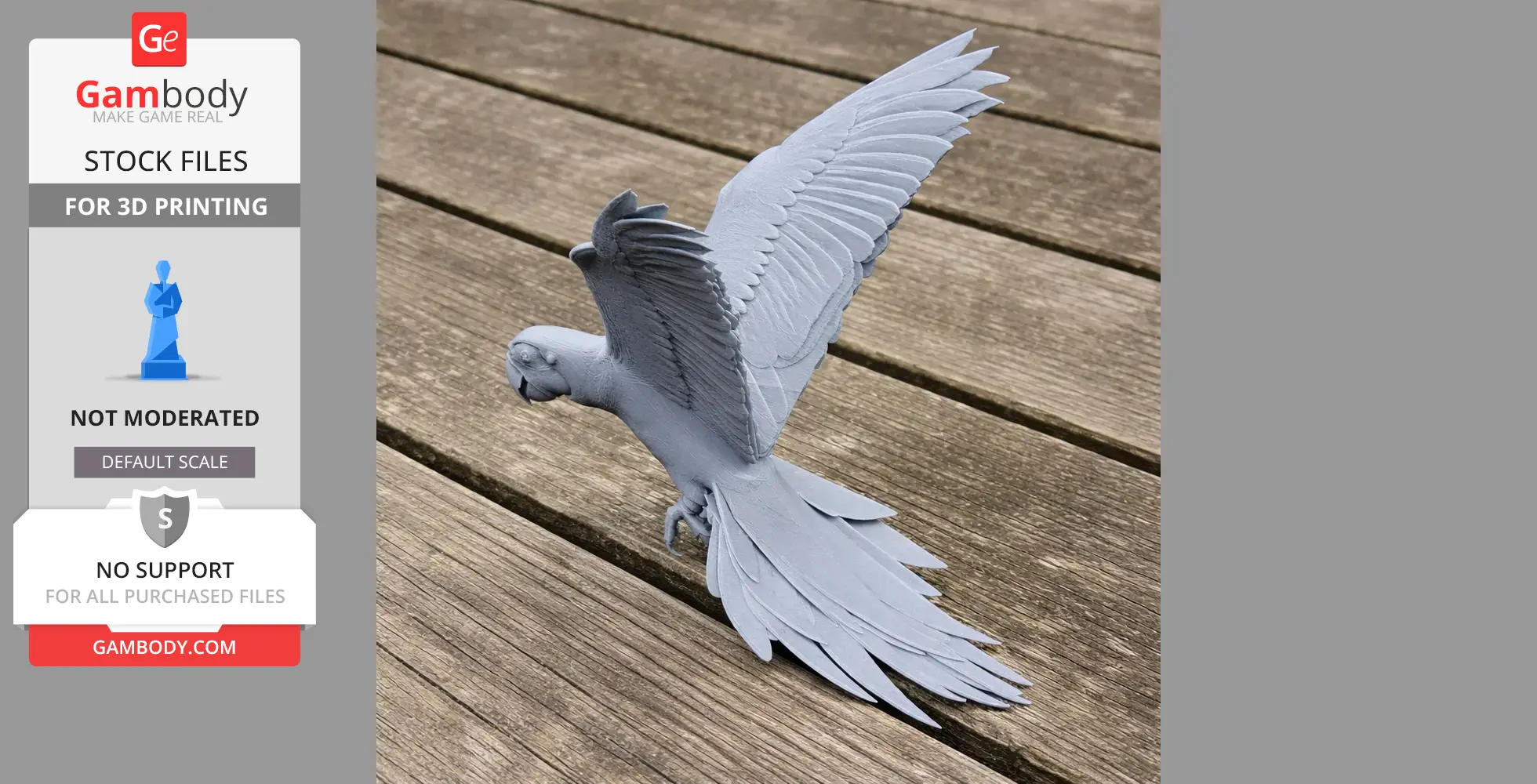 Gray 3D-printed parrot model with detailed wings, perched on a wooden surface.