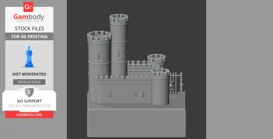 3D model of Barnstaple Castle with crenellated towers and walls for 3D printing.