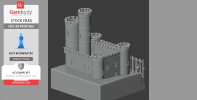 3D model of a medieval castle with four cylindrical towers and detailed walls, designed for 3D printing.