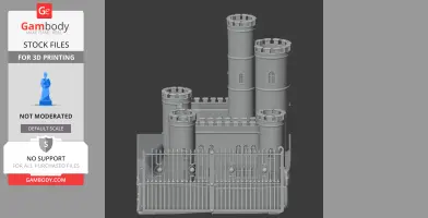 A 3D model of medieval castle towers with crenellations and a decorative gate.