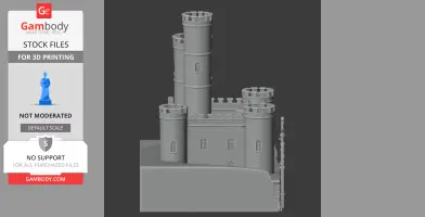 A detailed 3D model of Barnstaple Castle with multiple round towers and windows.