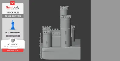 3D model of Barnstaple Castle with towers and crenellated walls for 3D printing.