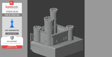 Gray 3D model of a castle with cylindrical towers and crenellated walls on a square base.